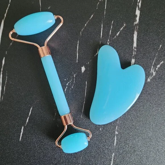 Facial Roller & Gua Sha Set Skin Massager Tools for Face & Neck Teal Blue - Picture 4 of 4